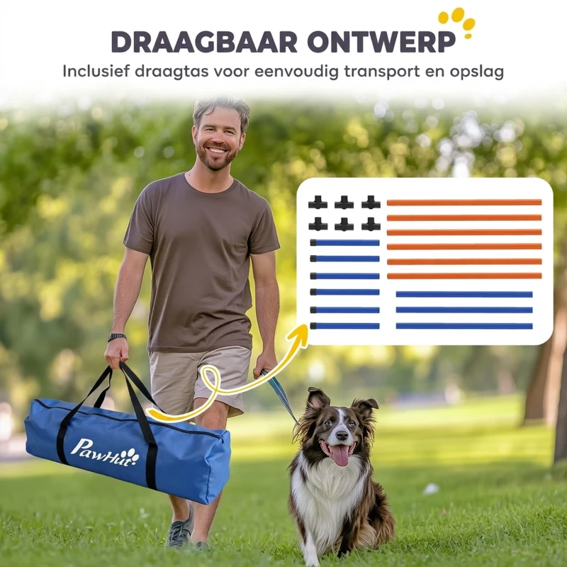 PawHut Agility-set voor honden 3-delige agilityuitrusting met slalomstokken draagtas trainingsset voor alle hondenmaten Oranje