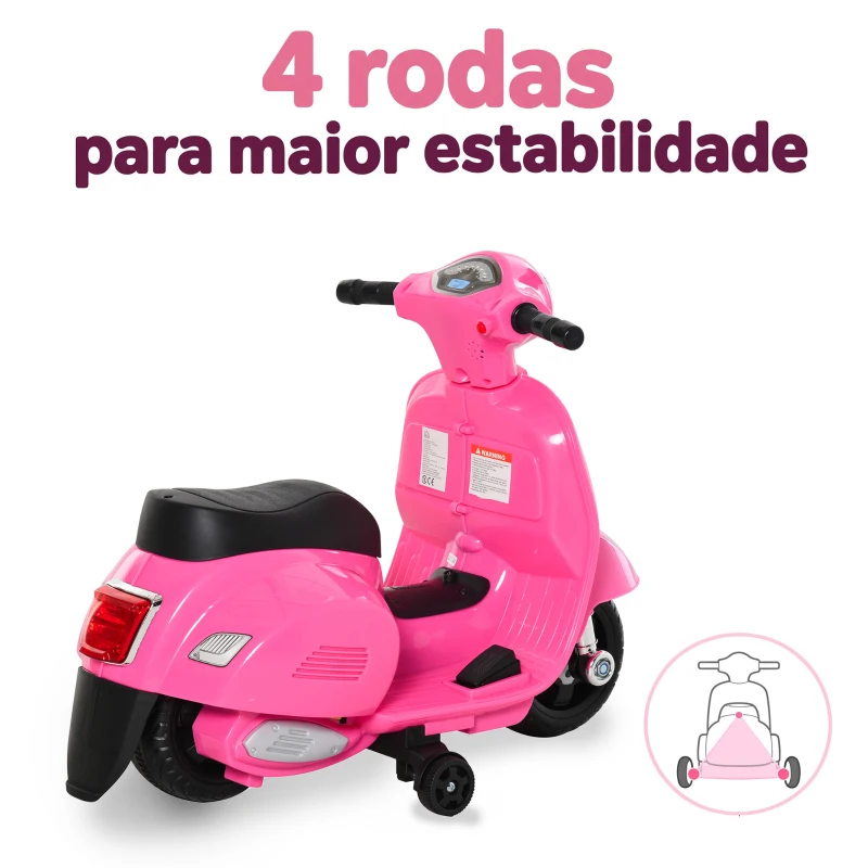 HOMCOM Mota Elétrica Infantil Vespa 6V com Farol, Buzina e Rodas Auxiliares para Crianças de 18-36 Meses Rosa 66,5x38x52 cm