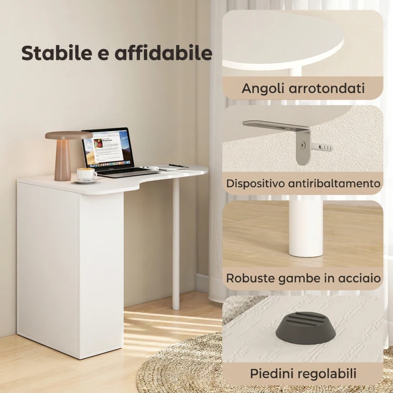 HOMCOM Scrivania per Camera Ricurva con 6 Ripiani e 4 Scaffali Regolabili, in Acciaio e Legno, 100x59x75.5 cm, Bianco