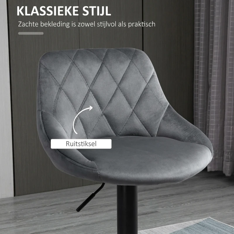 HOMCOM Set van 2 barkrukken, in hoogte verstelbare barkruk met leuning, fluweellook, metalen frame, voetensteun, draaibaar, donkergrijs