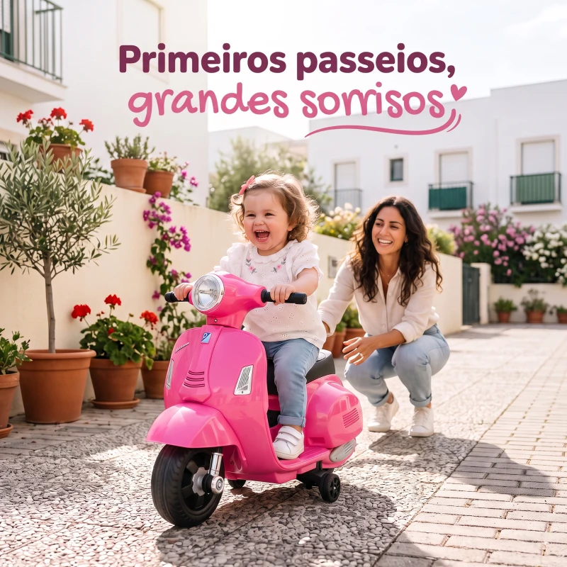 HOMCOM Mota Elétrica Infantil Vespa 6V com Farol, Buzina e Rodas Auxiliares para Crianças de 18-36 Meses Rosa 66,5x38x52 cm
