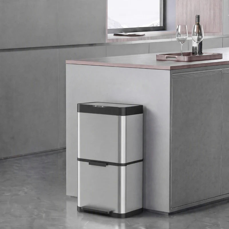 HOMCOM Lixeira Automática para Reciclagem com Sensor, 3 Compartimentos (2x12.5L+15L), em Aço Inox, Baldes Removíveis