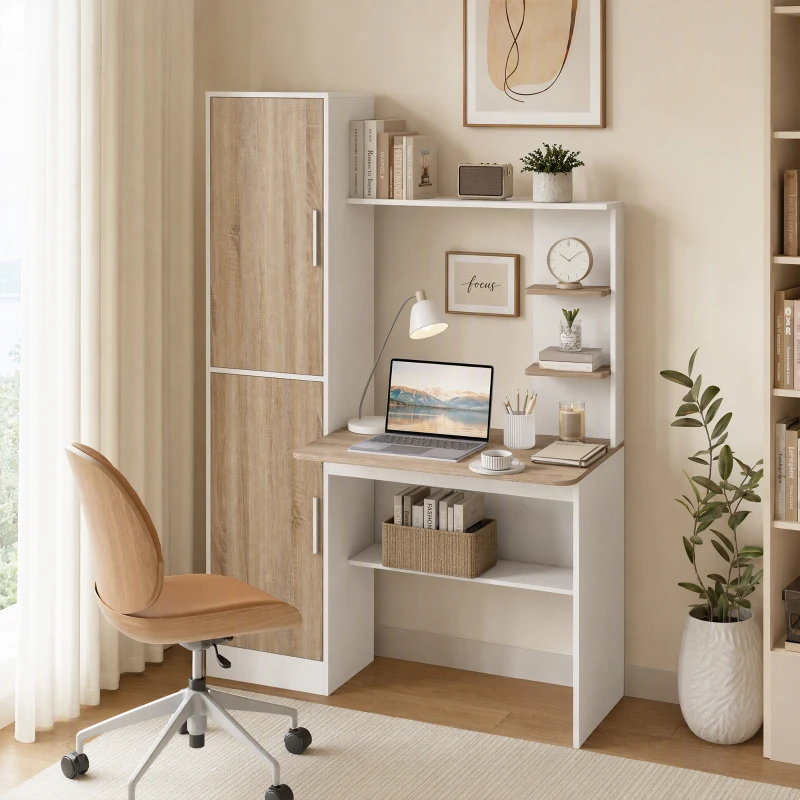 HOMCOM Computerschreibtisch mit 2 Schränken und offenen Regalen, nordischer Stil, 122 x 52 x 168,4 cm, Weiß und Natur