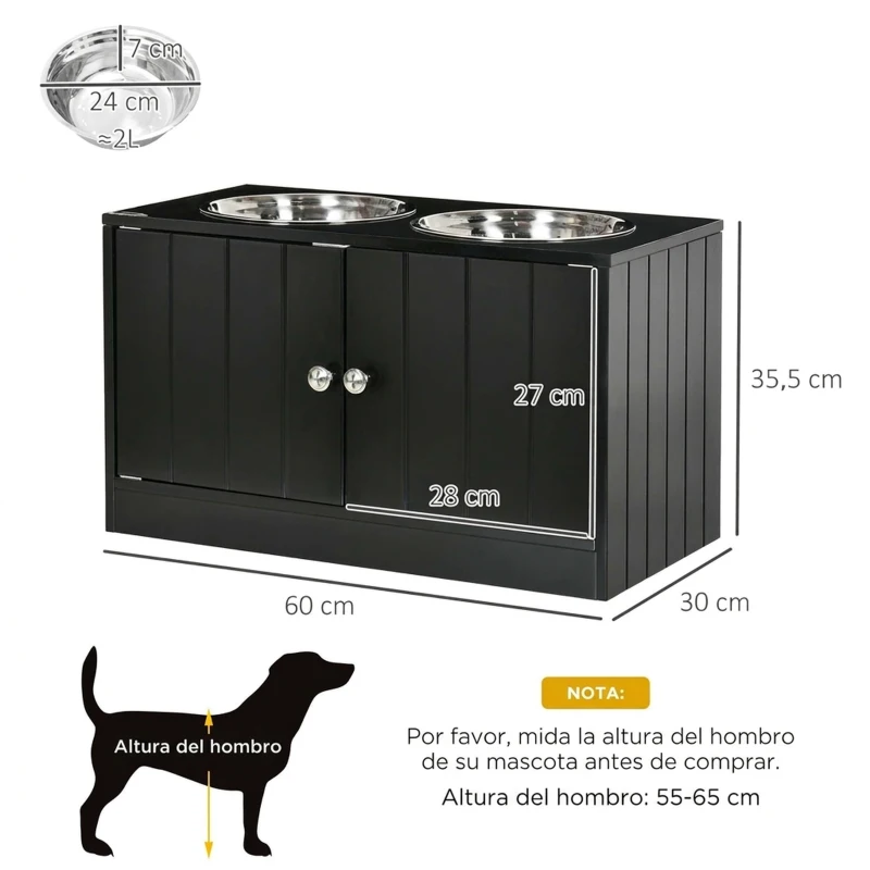 PawHut Comedero Elevado para Perros Grandes con 2 Cuencos de 2000ml y Almacenamiento Oculto 60x30x35,5 cm Negro