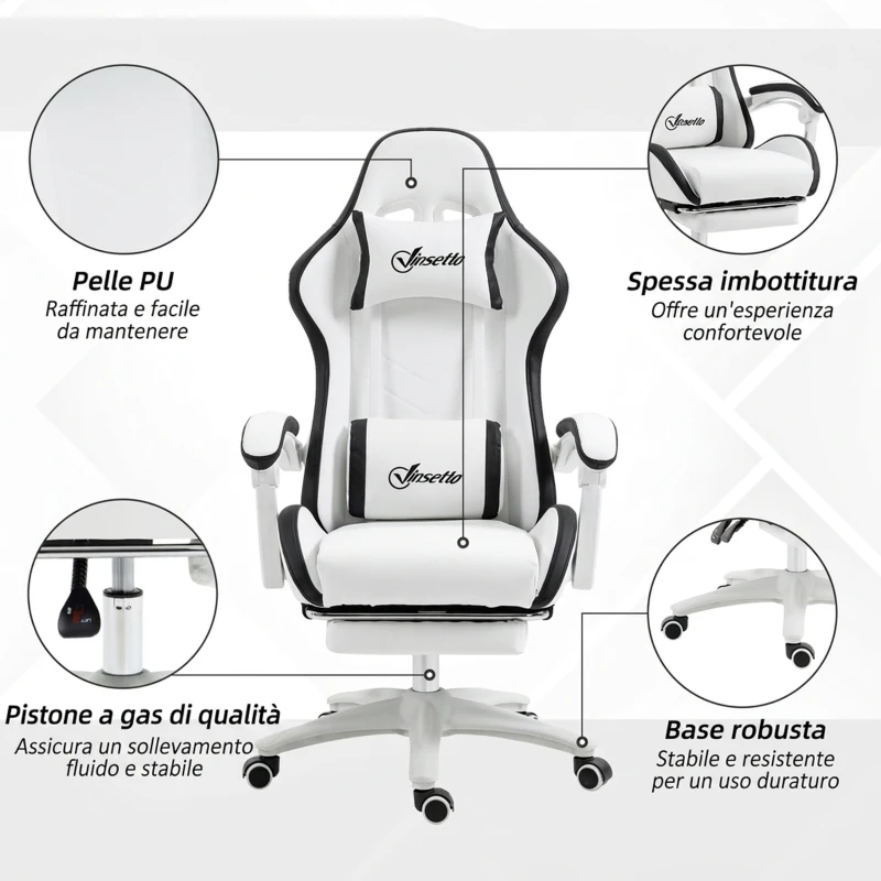Vinsetto Sedia da Gaming con Altezza Regolabile e Schienale Reclinabile, 65x65x121-129 cm, Bianco e Nero