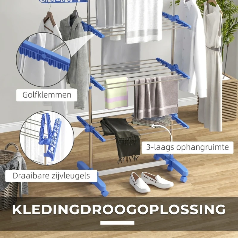HOMCOM Opvouwbare Wasrek met 4 niveaus en One-Klick-systeem - 142 cm x 55 cm x 152 cm - Blauw + Zilver