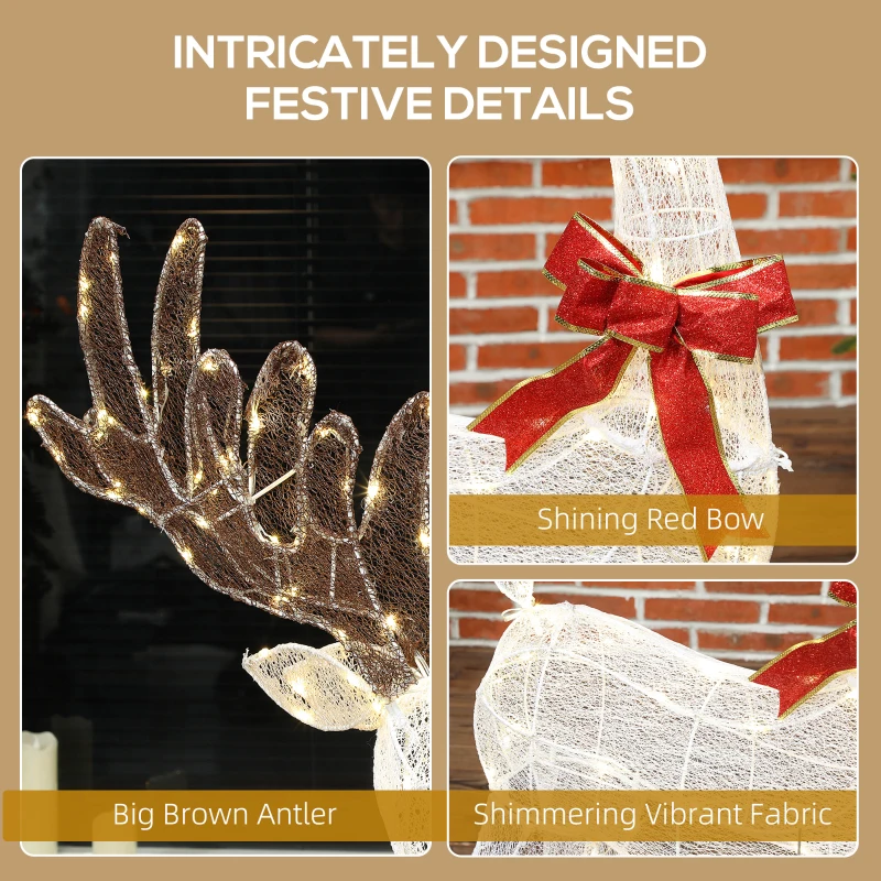 Outsunny Rendier met rode strik, 137 LEDs, kerstverlichting, weerbestendig, 66 x 25 x 135 cm, zilver