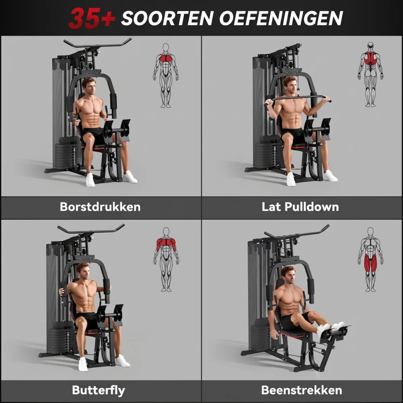 SPORTNOW Thuis Fitnessstation met 45 kg Gewichtsblokken, Lat Pulley, Borststation, Beinpresse voor Veelzijdige Training