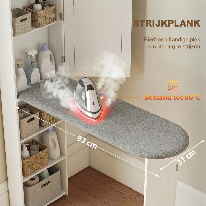 HOMCOM Opvouwbare Strijkplankkast met Deur, Interne Planken, Spiegel, Ruimtebesparende Strijktafel voor Wasverzorging, 106x35x174 cm, Wit