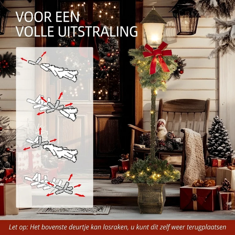 Outsunny Kerstlantaarn met Bessen, Dennenappels & Strik, LED-Lichtjes, Metalen Paal, 150 cm
