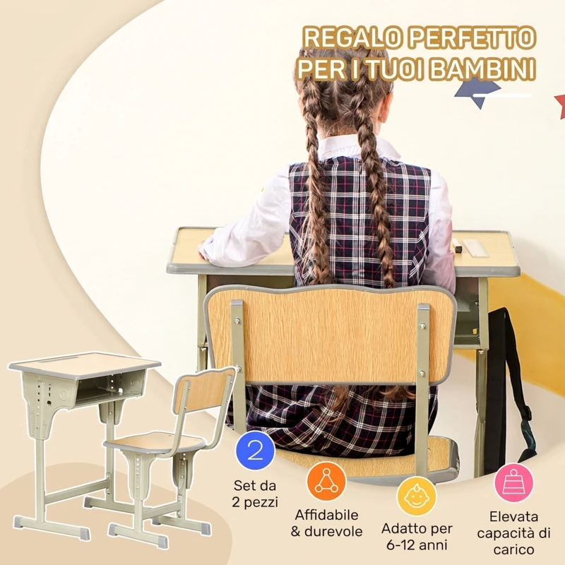 HOMCOM Banco Scuola con Sedia per Bambini 6-12 Anni, Scrivania per Bambini con Altezza Regolabile, Vano Contenitore e Portapenne, Acciaio e MDF, Color Legno