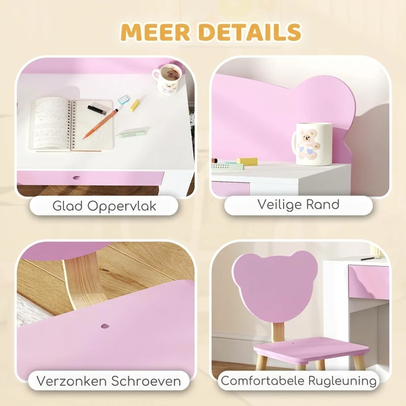 AIYAPLAY Kinderbureau-Set, Werktafel en Stoel met Berenvorm, Lade, voor Schrijven en Knutselen, 3-8 Jaar, Roze
