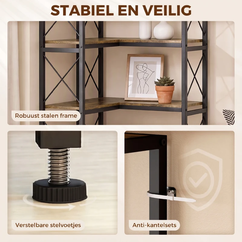 HOMCOM 6-laags L-vormige boekenkast, vrijstaand hoekrek met metalen frame, rustiek bruin