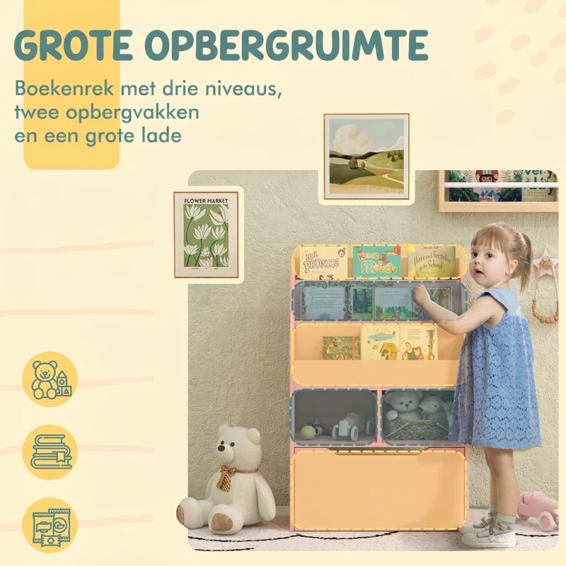 HOMCOM Kinderrek met Lade en Boekenrek met Vakken, 60 x 29,9 x 90 cm, Roze(m-4)