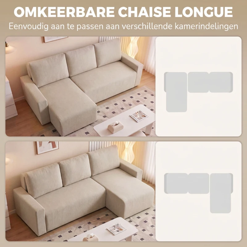 HOMCOM Hoekbank met Slaapfunctie en Omkeerbare Chaise Longue, L-vormige 3-zitsbank van Velours, Beige