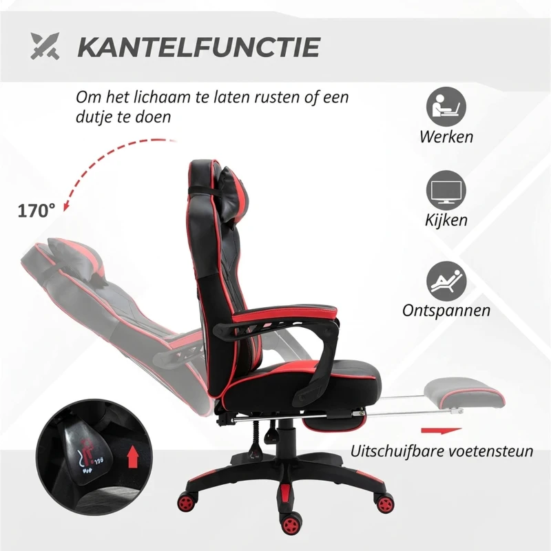 Vinsetto Ergonomische kantoorstoel gamestoel draaistoel verstelbare rugleuning rood