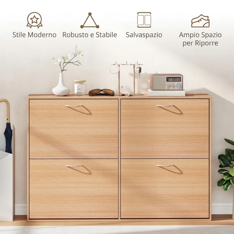 HOMCOM Scarpiera Ingresso Salvaspazio Slim con 4 Ante a Ribalte, Mobile Scarpiera Moderna per 24 Paia di Scarpe con Ripiani Regolabili, Portascarpe in Legno, 120x24x81cm, Color Legno