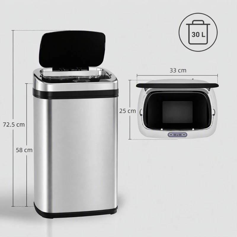 HOMCOM 30L Stainless Steel Motion Sensor Lid Bin - Silver Tone
