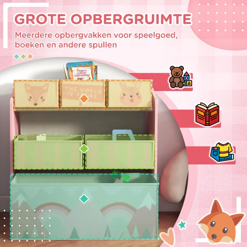 ZONEKIZ kinderopbergkast met 6 stofboxen, schattig design, 63 x 30 x 66 cm, roze