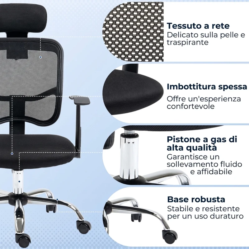 Vinsetto Sedia da Ufficio Ergonomica con Seduta Regolabile e Poggiatesta, in Poliestere e Acciaio, 63x62x106-114 cm, Nero