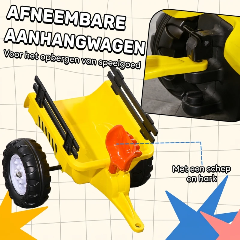 HOMCOM Pedaaltractor met aanhanger, gereedschap, claxon, voor kinderen van 3 jaar en ouder, metalen frame, zwart/geel, 133 x 42 x 51 cm(m-5)