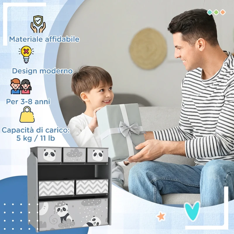 ZONEKIZ Scaffale Portagiochi per Bambini con 6 Contenitori Rimovibili in Tessuto, 63x30x66 cm, Grigio