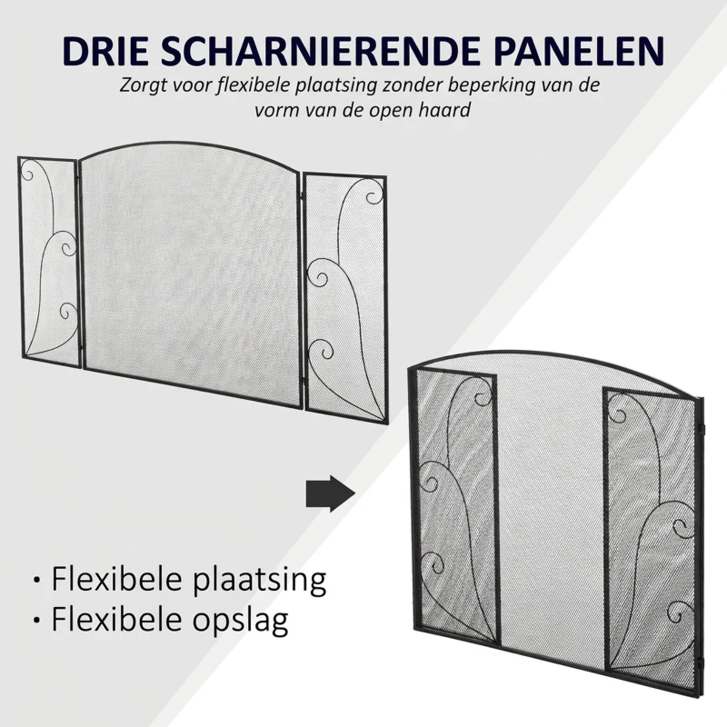 HOMCOM Vuurvonkbescherming voor haarden, 3 panelen, inklapbaar, flexibel, metaal, zwart, 132,5 x 76,5 cm.