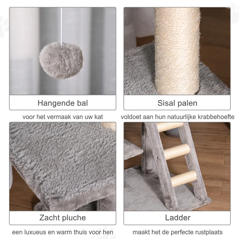 PawHut krabpaal kattenboom met kattengrot trap zacht kussen E1 MDF sisal lichtgrijs