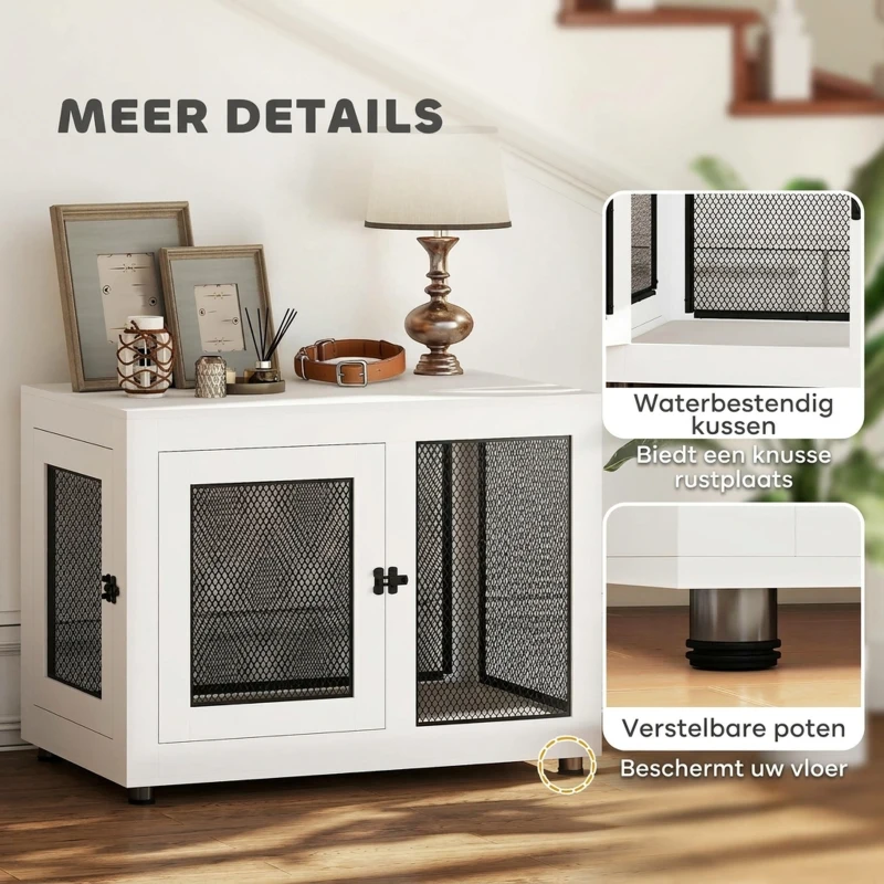 PawHut hondenkooi, dierenkooi met tafelblad, hondenhok, kennel, wit(m-7)