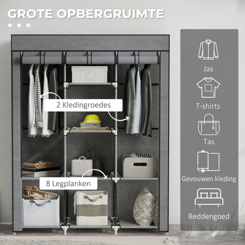 HOMCOM Stoffen Kast, Opbergoplossing, 8 Planken, 2 Kledingroedes, Donkergrijs