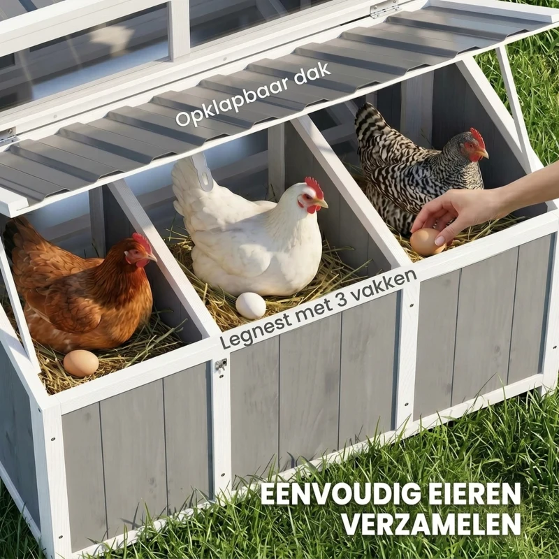 PawHut Kippenhok hout met afsluitbare deur legkast waterdicht PET-dak voor 3-4 kippen, 145x90x92 cm Grijs