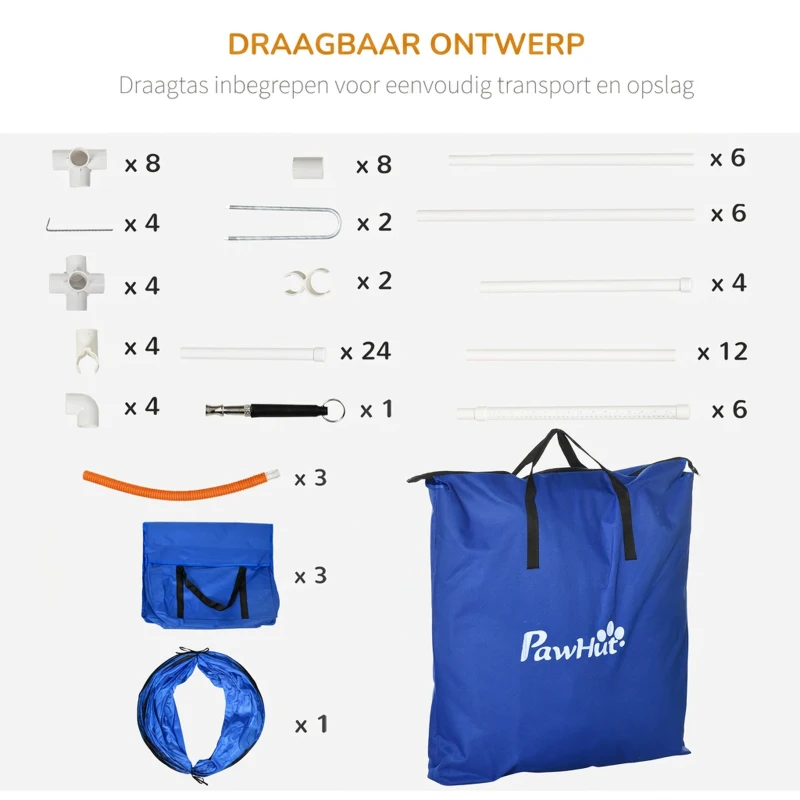 PawHut Honden-Agility-Set Hondenparcours, 1 ring, 2 tunnels, 2 hindernissen, 321 cm x 63 cm x 93 cm, Blauw + Rood + Wit(m-7)