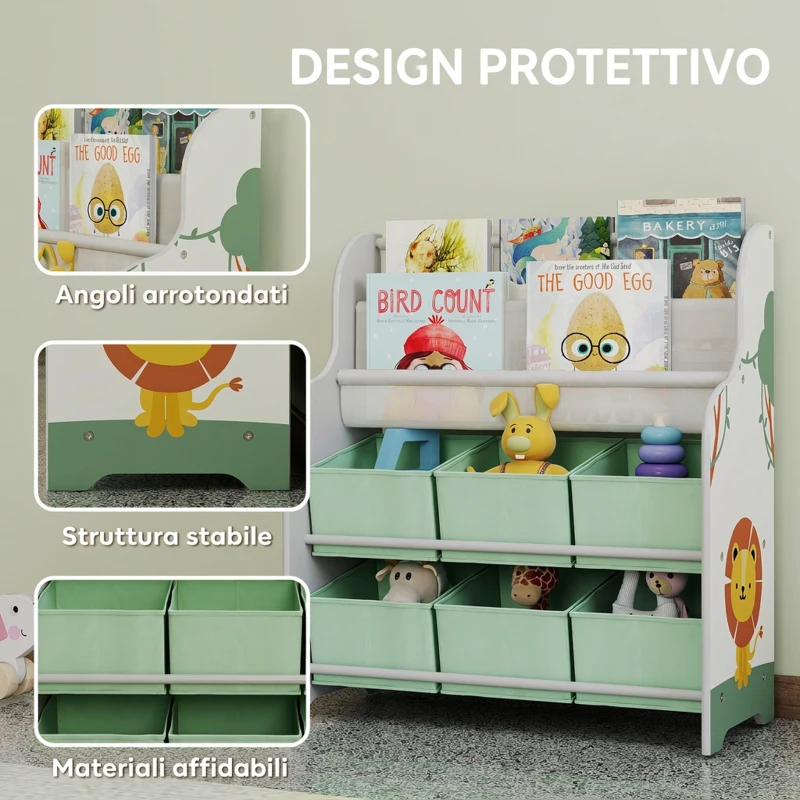 AIYAPLAY Scaffale Portagiochi con 6 Cassetti in Tessuto e Libreria a 2 Livelli, in Legno e Acciaio, 63x30x71 cm, Verde