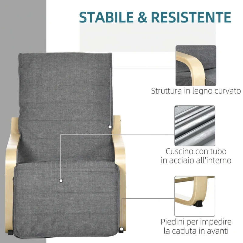 HOMCOM Poltrona Relax con Poggiapiedi a 5 Livelli e Poggiatesta in Legno di Betulla e Tessuto, Grigio