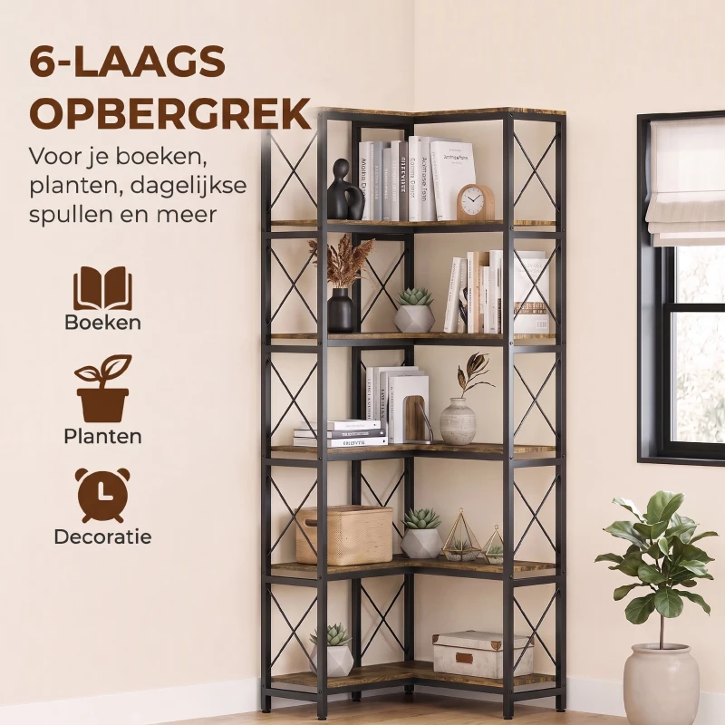 HOMCOM 6-laags L-vormige boekenkast, vrijstaand hoekrek met metalen frame, rustiek bruin