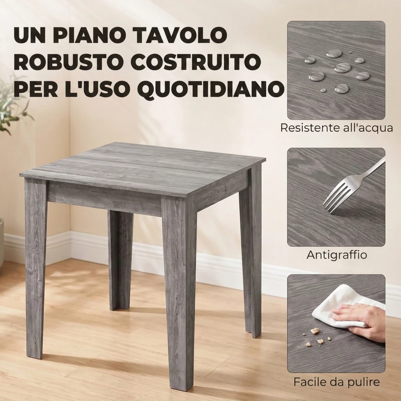 HOMCOM Tavolo da Pranzo per 4 Persone, Tavolo Cucina Quadrato 80x80x75 cm con Piedini Antiscivolo, Grigio Effetto Legno