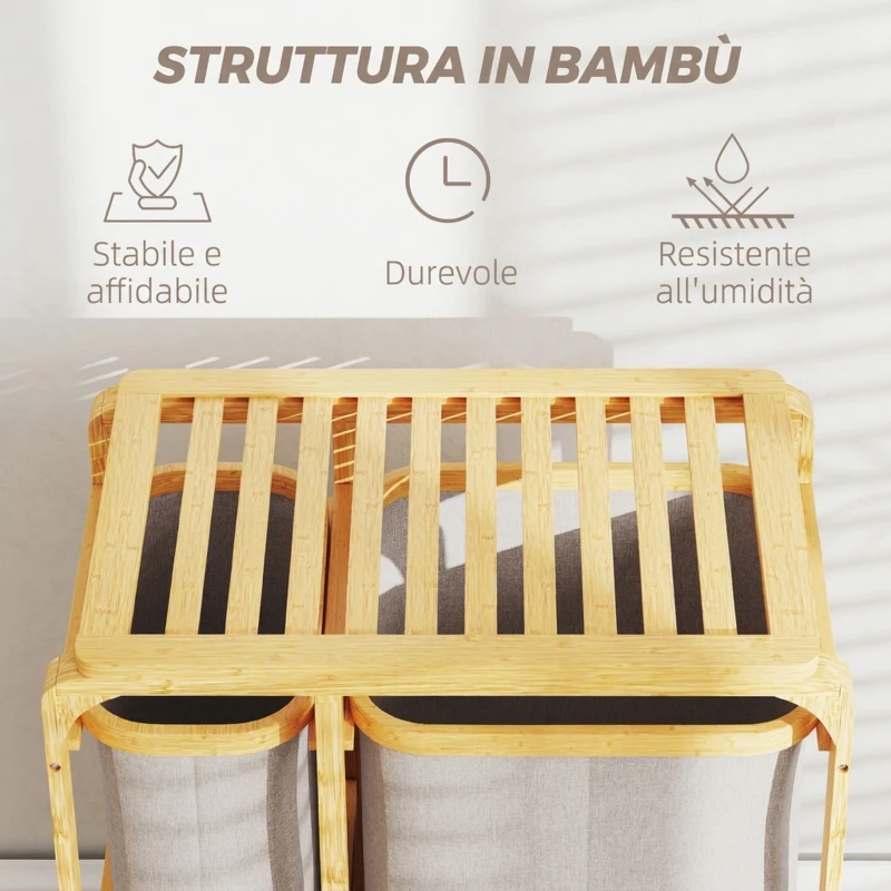 HOMCOM Cestino Portabiancheria in Bambù con 3 Sacchi e Ripiani in Tessuto, 50x32x69.7 cm, color Bambù e Crema