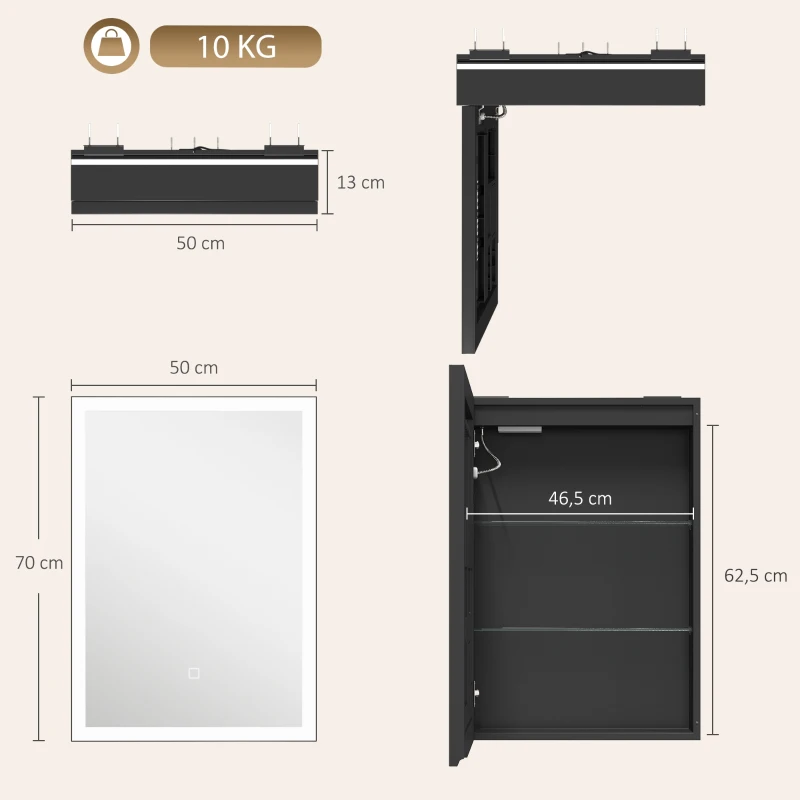 HOMCOM Armario de Baño LED con Función Antivaho Mueble de Baño de Pared Espejo Estantes 50x70 cm Negro