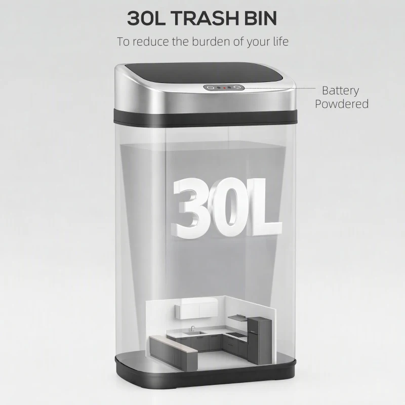 HOMCOM 30L Stainless Steel Motion Sensor Lid Bin - Silver Tone