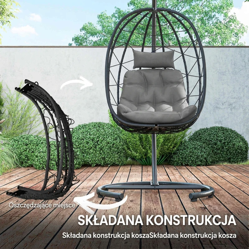 Outsunny Fotel wiszący zewnętrzny Fotel wiszący Egg Chair, odporny na warunki atmosferyczne, w tym poduszki, 102 cm x 102 cm x 195 cm, Ciemnoszary