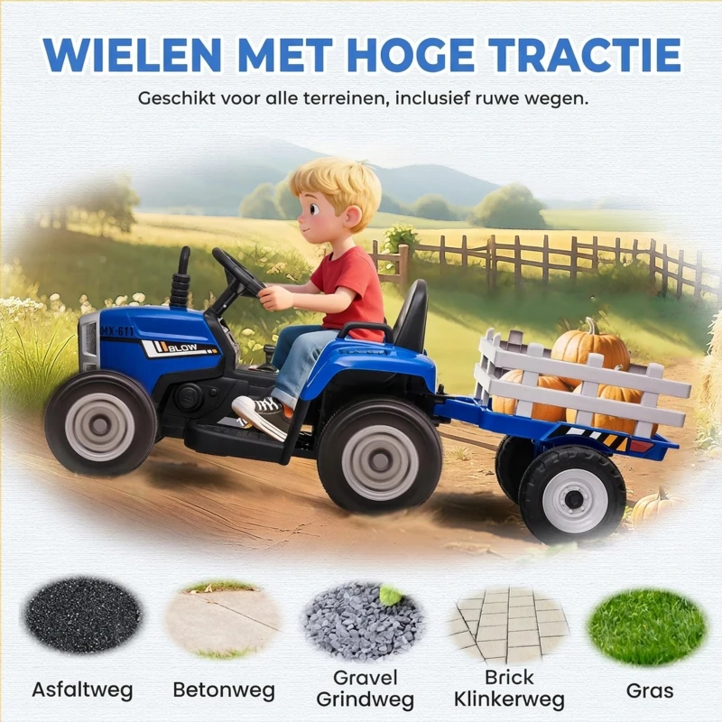 HOMCOM Elektrische Kinderauto met Aanhanger, Afstandsbediening, Lichteffecten, 3-6 km/u, voor 3-6 Jaar, Blauw(m-7)