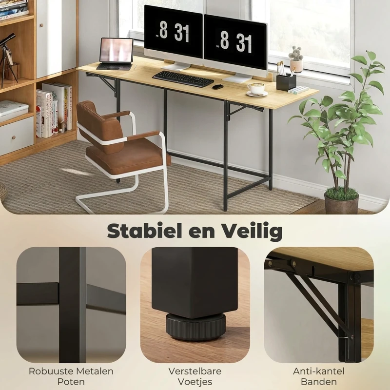 HOMCOM Inklapbare computertafel met 2 uitklapbladen, veel ruimte voor monitoren, metalen poten, stevige constructie, eikenlook + zwart(m-6)