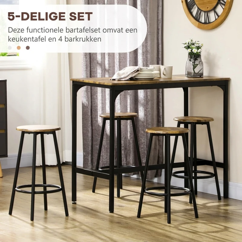 HOMCOM 5-delig. Bartafelset met industrieel design, 1 bartafel, 4 barkrukken, bankstel, aanrecht, zwart+bruin