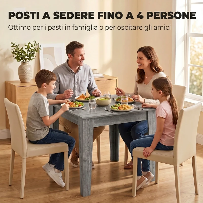 HOMCOM Tavolo da Pranzo per 4 Persone, Tavolo Cucina Quadrato 80x80x75 cm con Piedini Antiscivolo, Grigio Effetto Legno