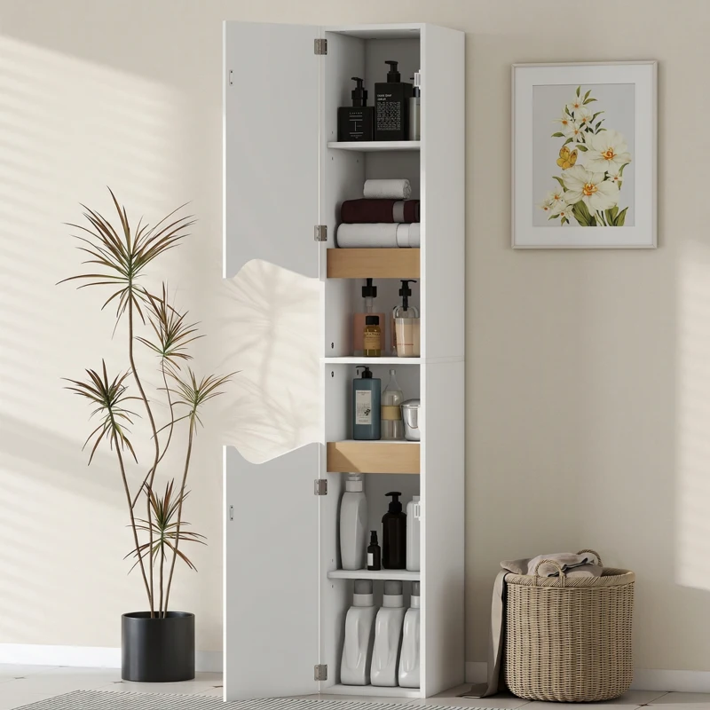 HOMCOM smalle badkamerkast hoge kast met 2 deuren, 2 open vakken, voor badkamer 30 x 34,6 x 182 cm Wit