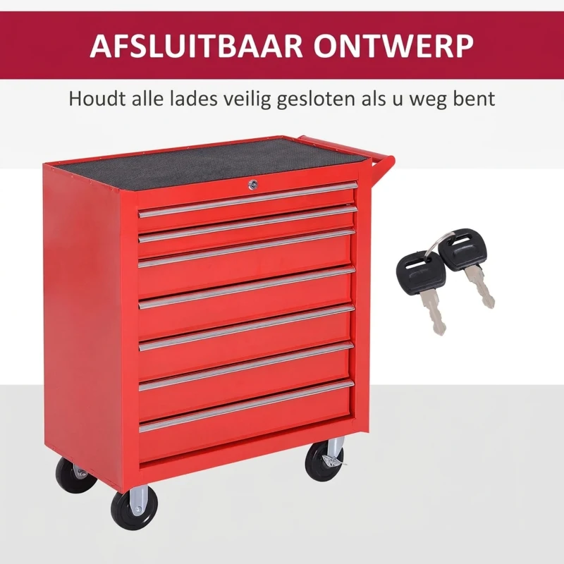 DURHAND Gereedschapswagen, 2 kleine & 5 grote laden, Staal, tot 150 kg, 69 x 33 x 75 cm, Rood