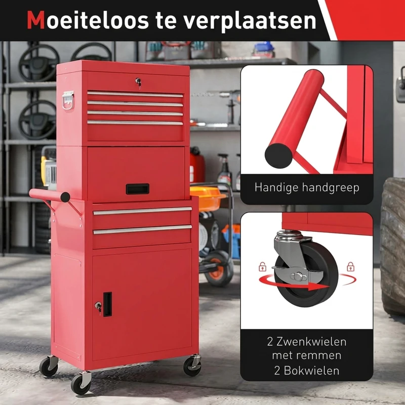 HOMCOM Verrijdbare gereedschapskast, 6 lades, 2 kasten, staal, afsluitbaar, rood
