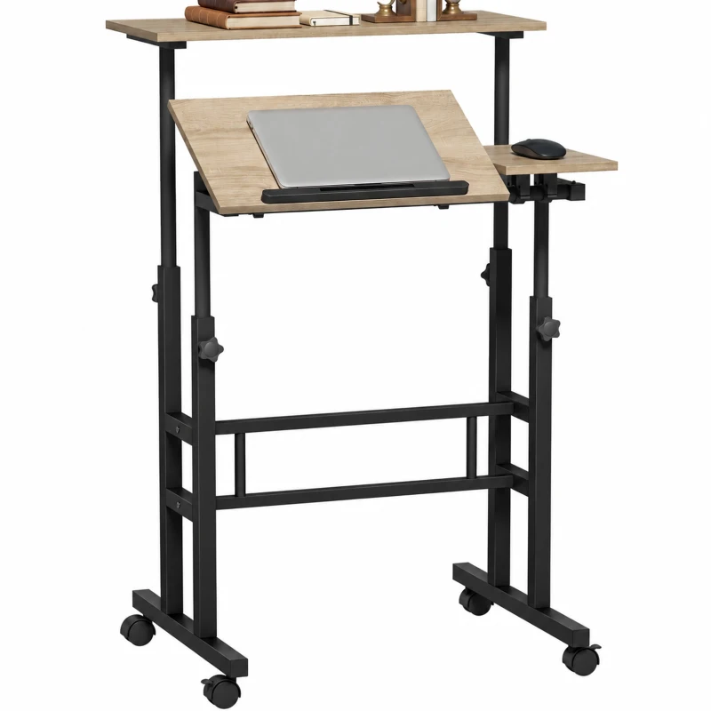 HOMCOM Bureau assis debout bureau réglable en hauteur 70 x 60 cm à roulettes avec plateau inclinable cadre en métal marron