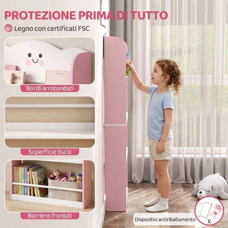 AIYAPLAY Libreria Montessoriana per Bambini 3-6 Anni con Tema Zucchero Filato, 4 Ripiani in Legno, per Cameretta, Rosa