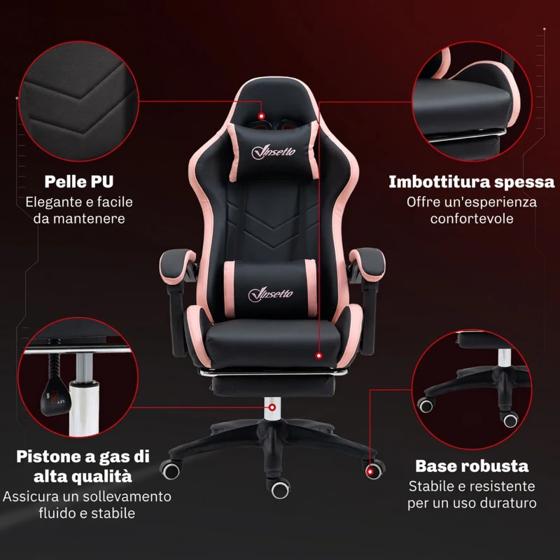 Vinsetto Sedia da Gaming ad Altezza Regolabile con Poggiatesta, 65x65x121-129 cm, Rosa e Nero